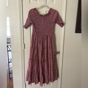 Medium, smocked bodice, tiered skirt, midi dress
